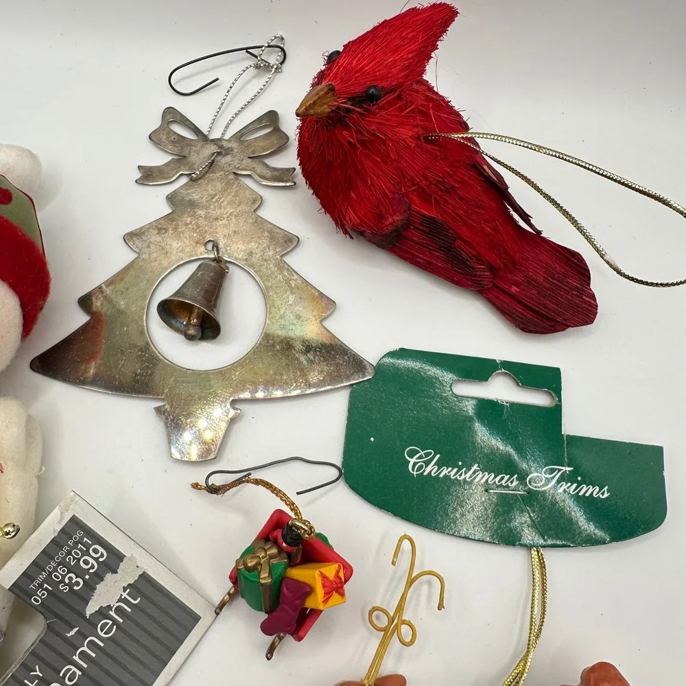 VTG 90s Christmas Ornament Lot 7 pc Snowman Cardinal Reindeer Tree Photo Frame
